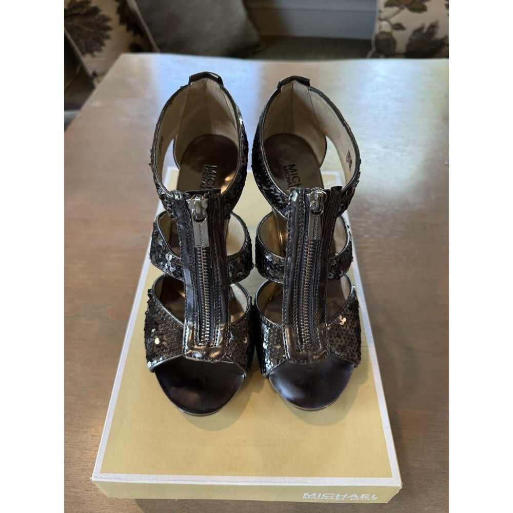 Michael Kors Berkley T Strap Sandals Size 6.5 Leather Gunmetal Silver Sequins - Picture 2 of 8